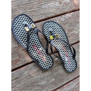 6B Coach Flip Flop Sandals Q6102/A6867 Landon Black & White Gold Bow